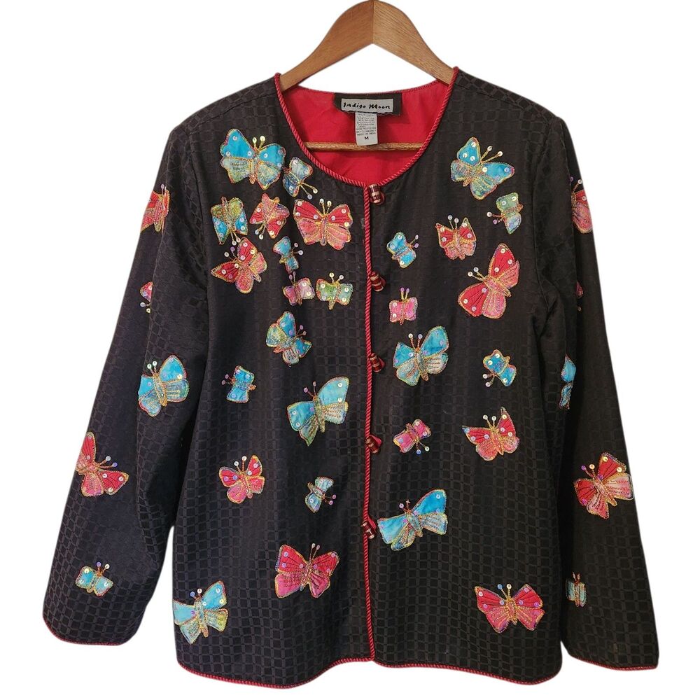 Indigo Moon Appliqué Embroidered Sequin Colorful Butterfly Black Jacket Womens M